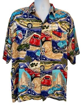 Men’s Hawaiian Aloha Shirt by Island Collection Route 66 Car Design Sz Large